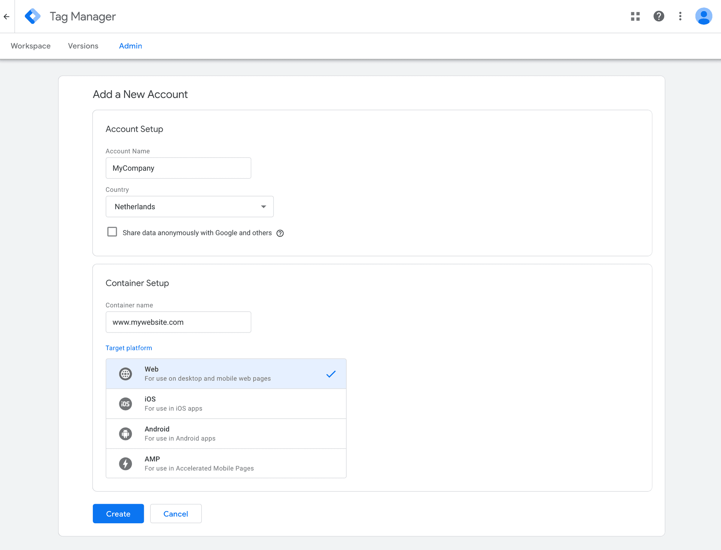 Google tag manager account creation